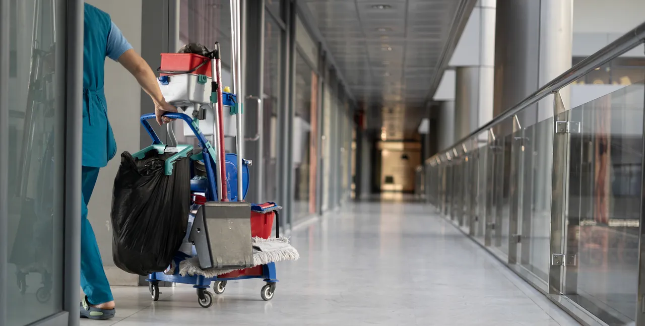 A cleaning trolley in a shared building corridor